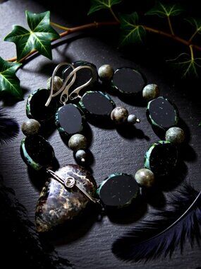 SET: Bracelet + Earrings - Rugged Stone - Gray Black - Goth Grunge Punk Darkwave
